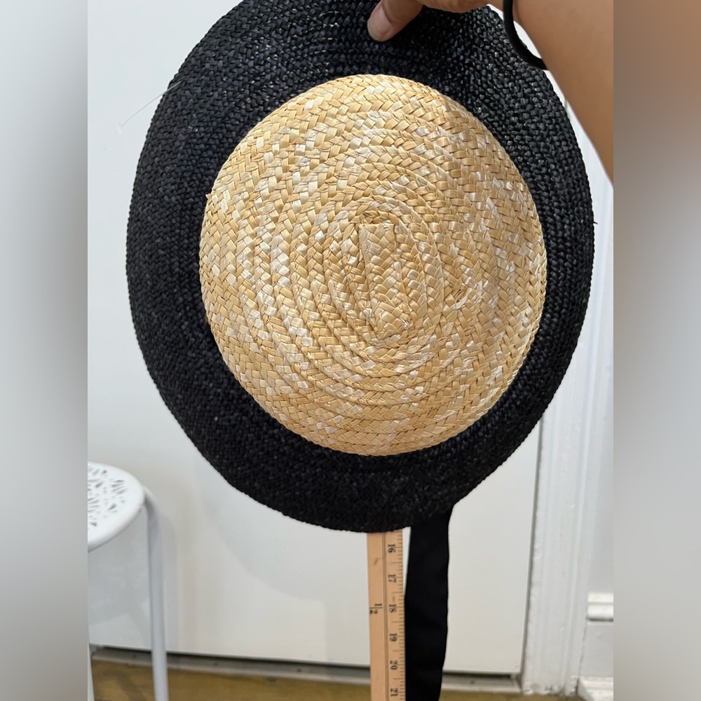 Wyeth Black & Tan Straw Wide Brim Sun Hat with Black Ribbon Tie NWOT - Picture 7 of 7